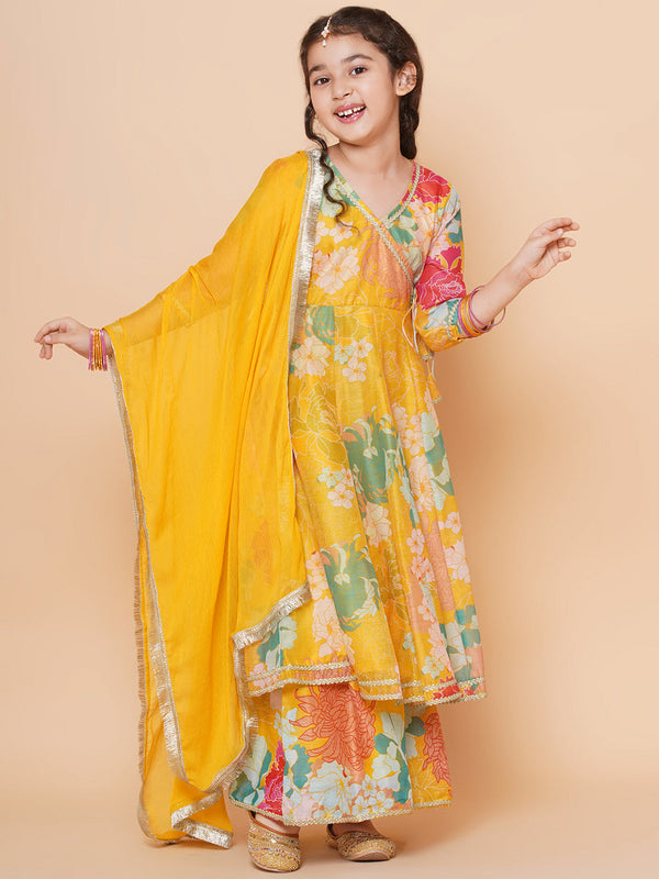 Jashvi Girls Yellow Multi Floral Angrakha Gotta Patti Kurta Sharara set With Dupatta