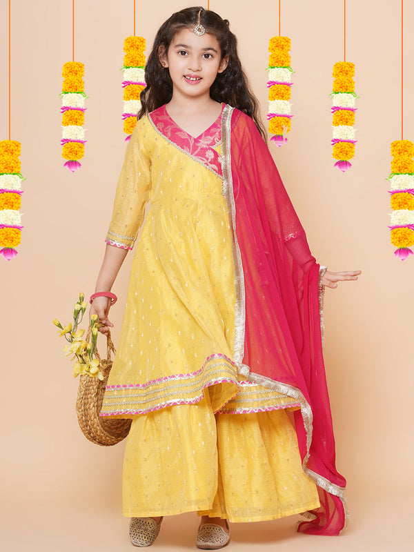 Jashvi Girls Yellow self design Angrakha Gotta Patti Kurta & Sharara set With Dupatta