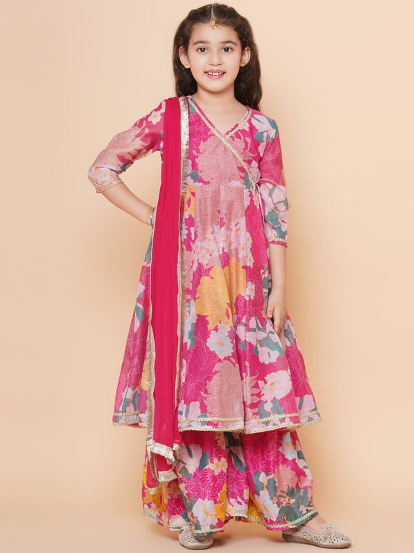 Jashvi Girls Pink Floral Printed Angrakha Gotta Patti Kurta & Sharara set  With Dupatta