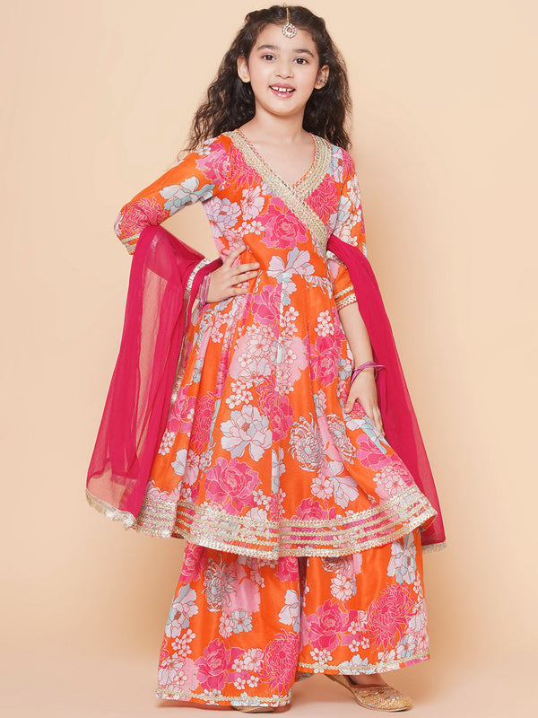 Jashvi Girls Orange Multi Floral Printed Angrakha Gotta Patti Kurta & Sharara With Dupatta