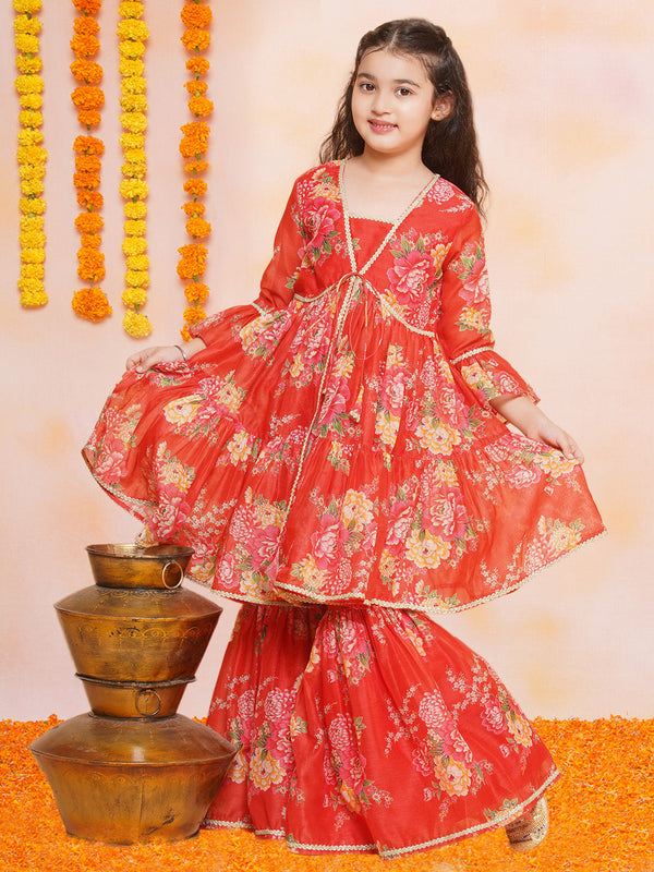 Jashvi Girls Red Printed V- Neck Kurta with Sharara