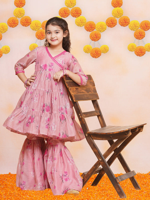 Jashvi Girls Pink Printed Angrakha Kurta with Sharara