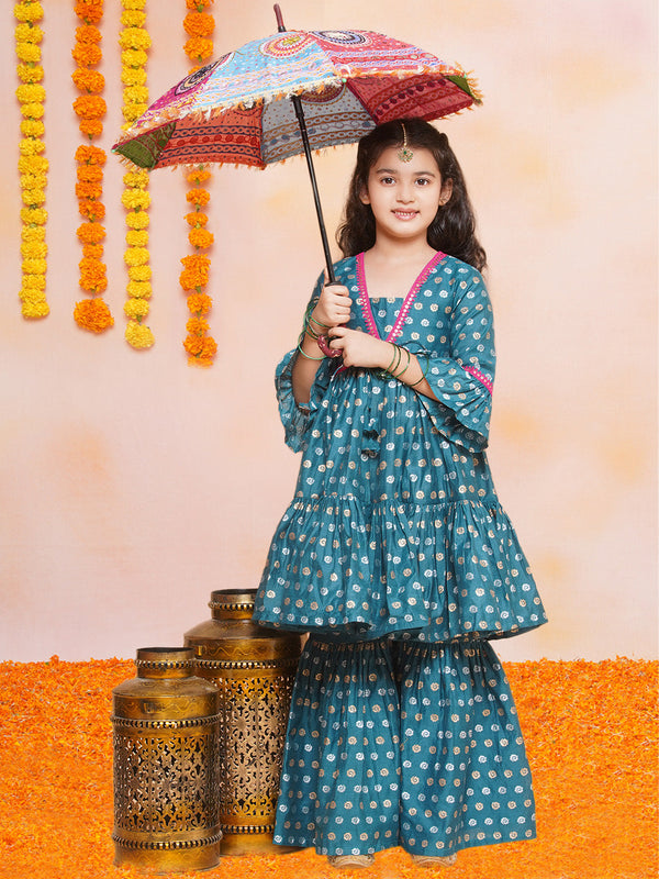 Jashvi Girls Teal Blue Printed V-Neck Kurta with Sharara