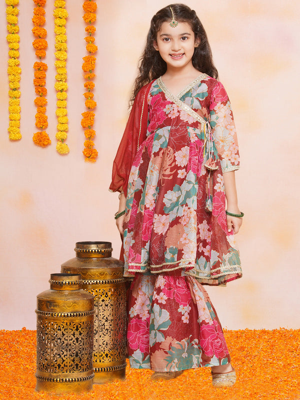 Jashvi Girls Maroon Multi Printed Angrakha Kurta with Sharara & Dupatta