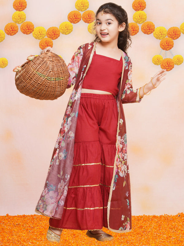 Jashvi Girls Maroon Cami Saharara with Floral printed shrug