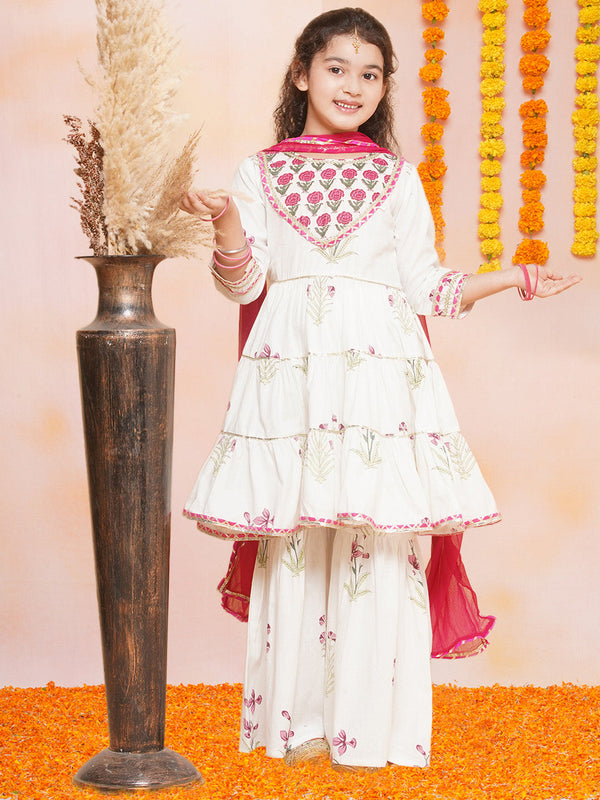 Jashvi Girls Off-white Pink Printed Round- Neck Kurta with Sharara with Dupatta