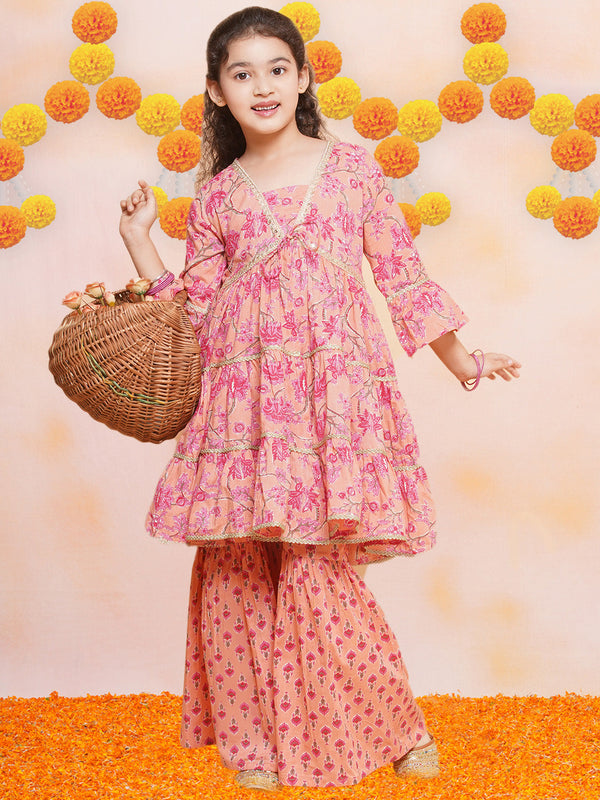 Jashvi Girls Peach Printed V- Neck Kurta with Sharara