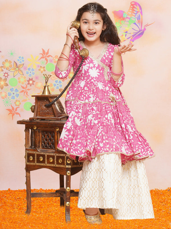 Jashvi Girls Pink Printed Angrakha Tier Kurta with Sharara