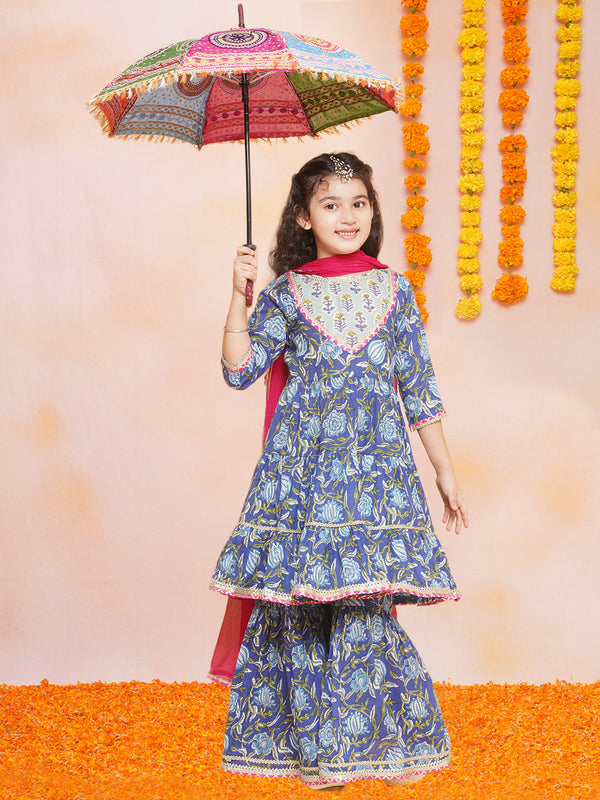 Jashvi Girls Blue Floral Printed Round- Neck Kurta with Sharara with Dupatta