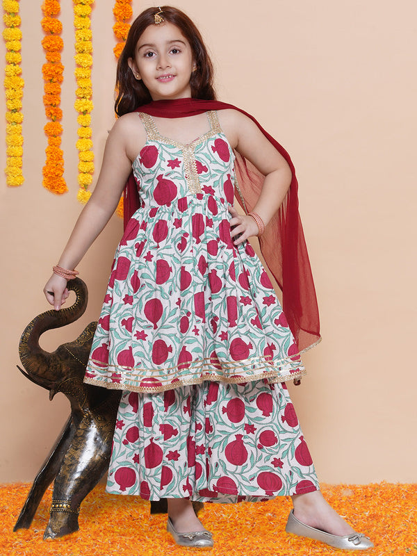 Jashvi Girls Off White Red Printed Cotton Kurta With Sharara with Dupatta