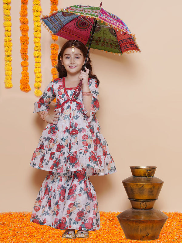 Jashvi Girls Red Rose Printed Kurta with Sharara