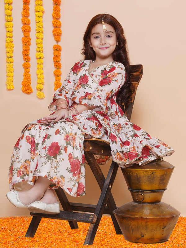 Jashvi Girls Off white red Printed Angrakha Kurta with Sharara