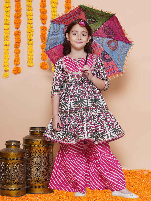 Jashvi Girls Pink Printed Cotton Tiered Kurta With Sharara