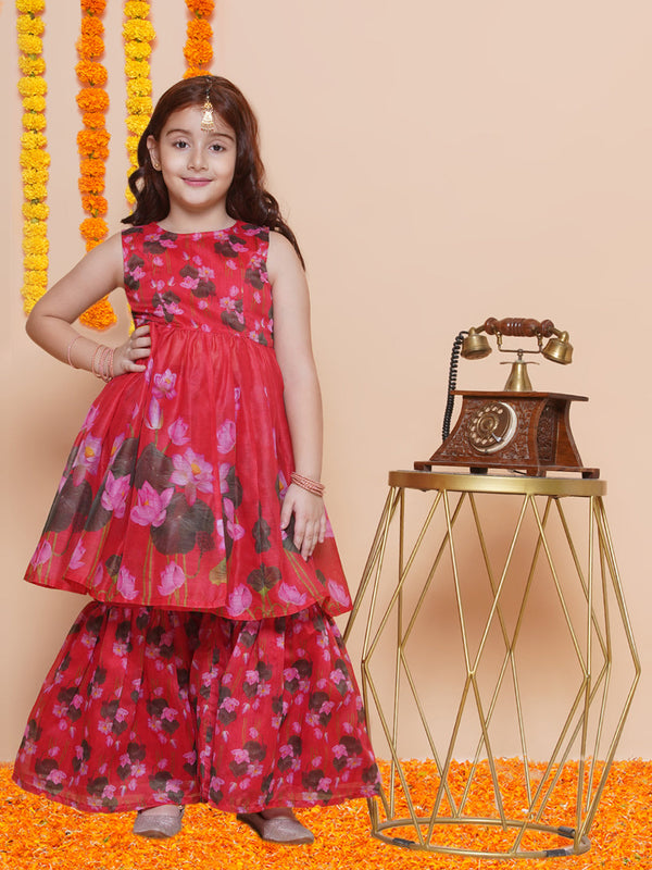 Jashvi Girls Red Floral Printed Kurta With Sharara