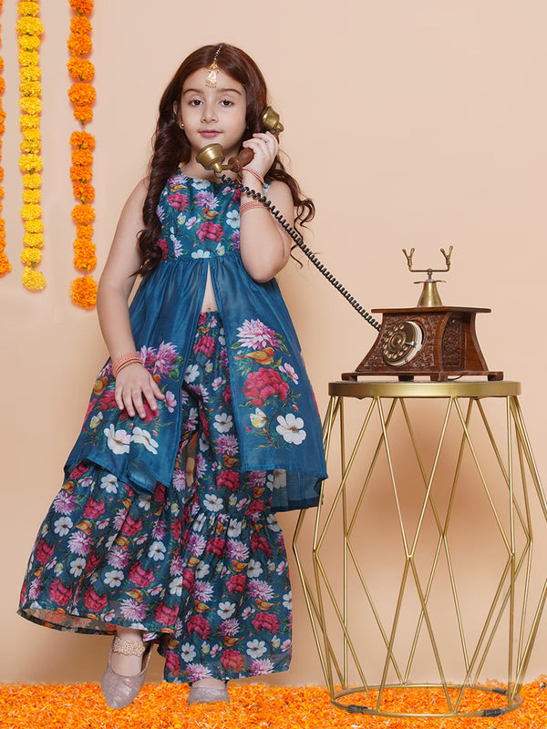 Jashvi Girls Blue Floral Printed Kurta With Sharara