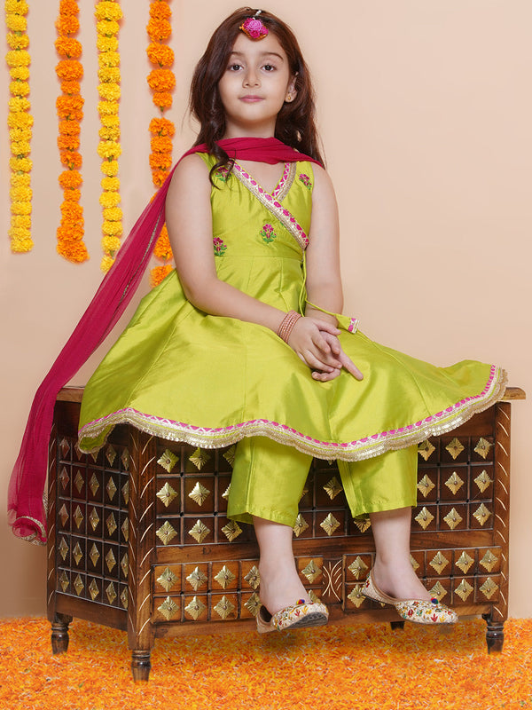 Jashvi Girls Green Embroidered Angrakha Kurta with Trousers set With Dupatta