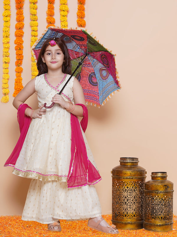 Jashvi Girls Off white Booti Angrakha Gotta Patti Kurta & Sharara set With Dupatta