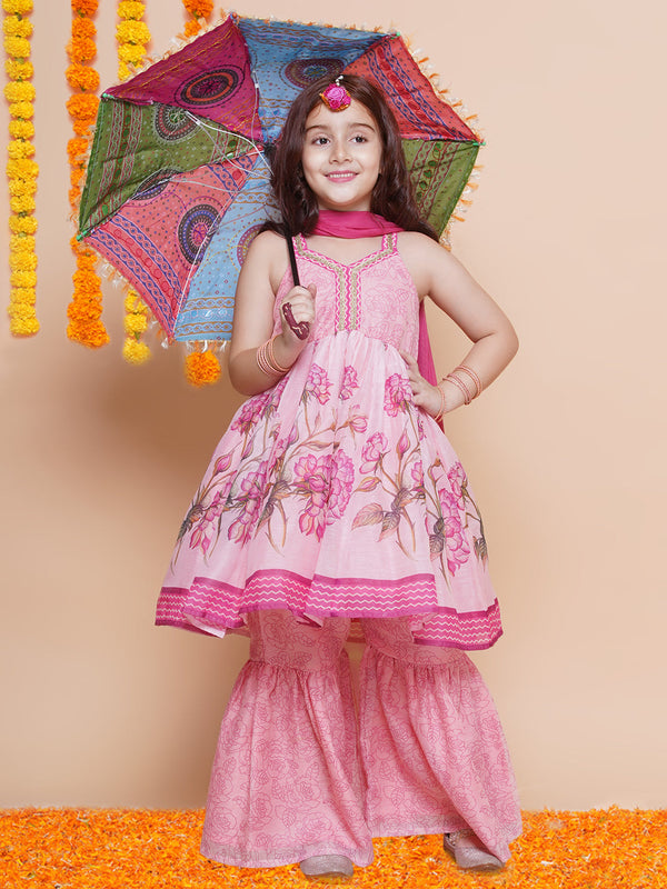 Jashvi Girls Pink Floral Printed Kurta With Sharara with Dupatta