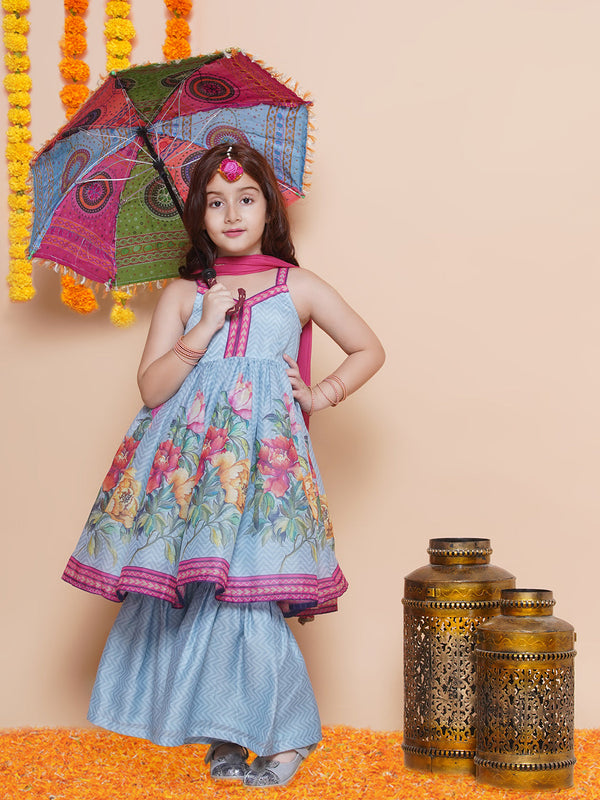 Jashvi Girls Blue Floral Printed Kurta With Sharara with Dupatta