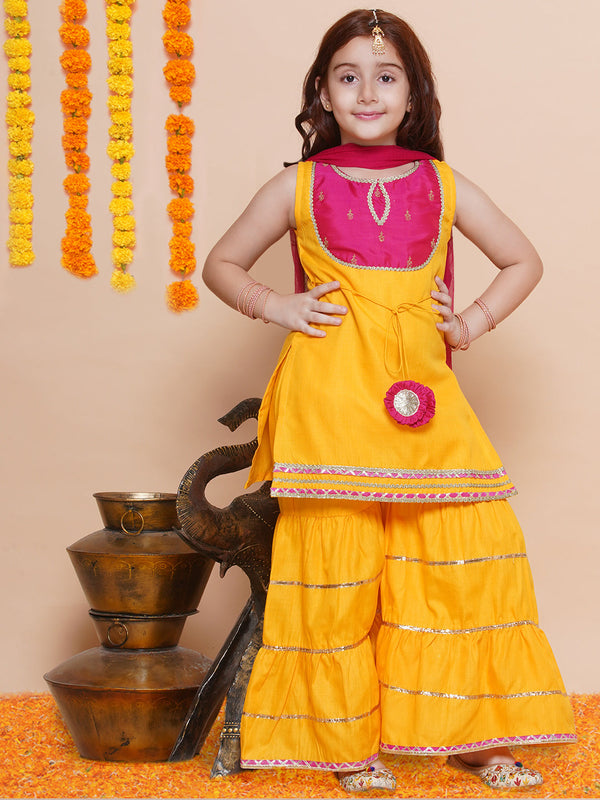 Jashvi Girls Yellow Cotton Kurta with Sharara set with Dupatta