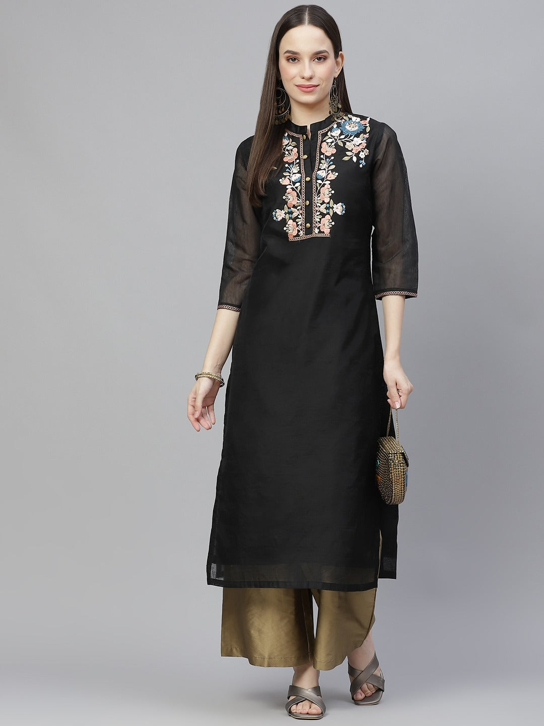 Women's Black & Beige Yoke Embroidered Kurta With Palazzos - Noz2Toz