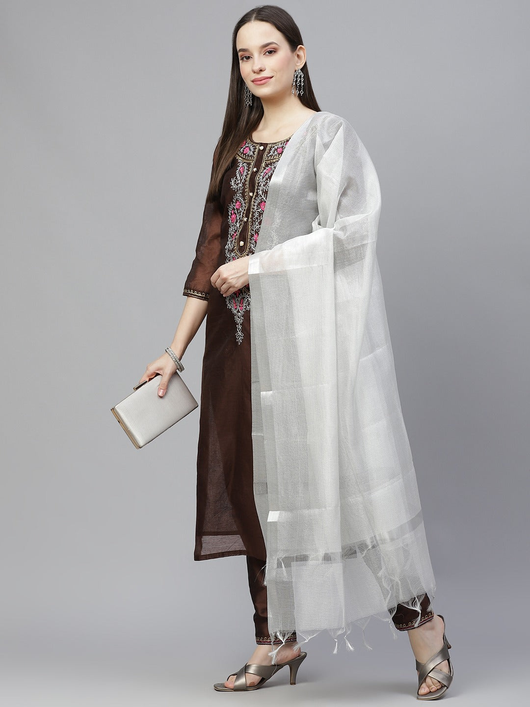 Women's Coffee Brown Embroidered Aari Work Kurta With Trousers & Dupatta - Noz2Toz