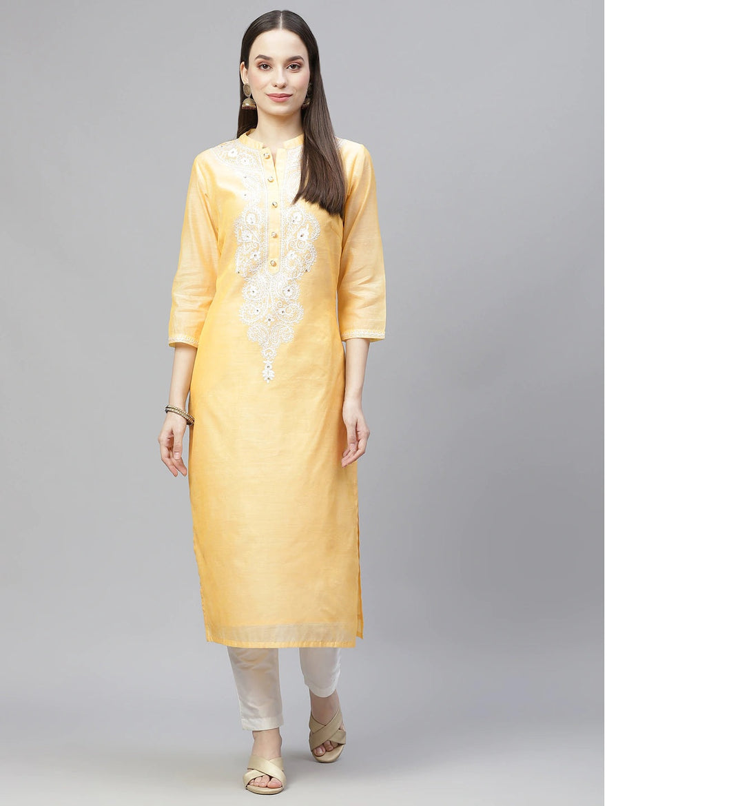 Women's Yellow & White Ethnic Yoke Design Regular Aari Work Kurta With Trousers - Noz2Toz