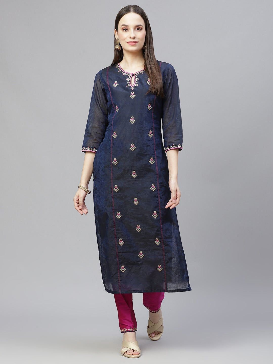 Women's Navy Blue & Pink Ethnic Motifs Embroidered Regular Kurta With Trousers - Noz2Toz