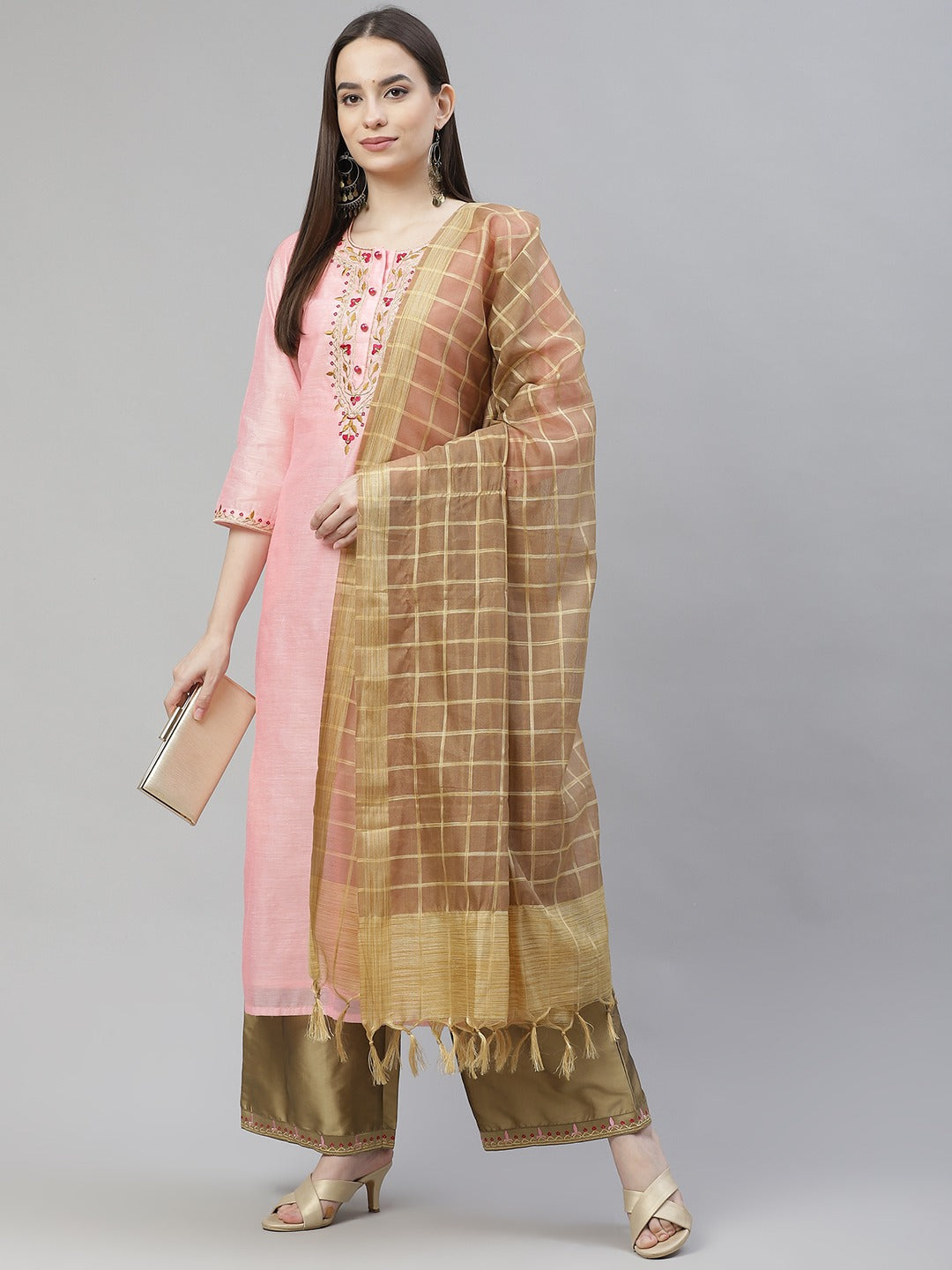 Women's Pink Ethnic Motifs Embroidered Regular Kurta With Palazzos & With Dupatta - Noz2Toz