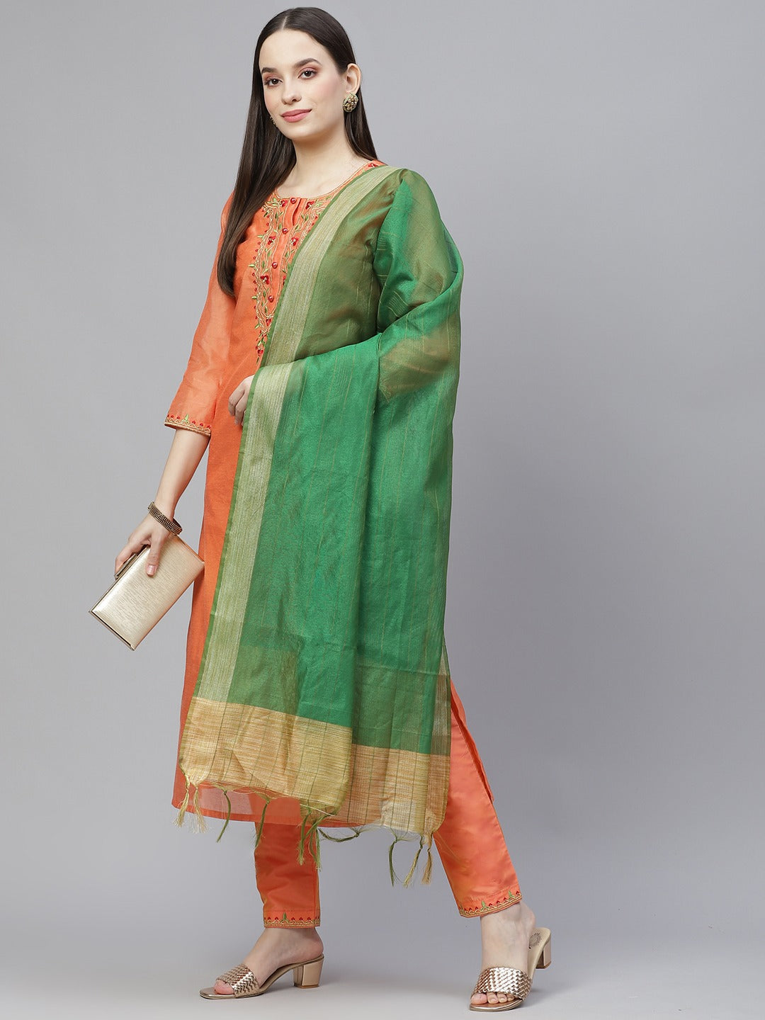 Women's Orange & Green Ethnic Yoke Design Kurta With Trousers & With Dupatta - Noz2Toz