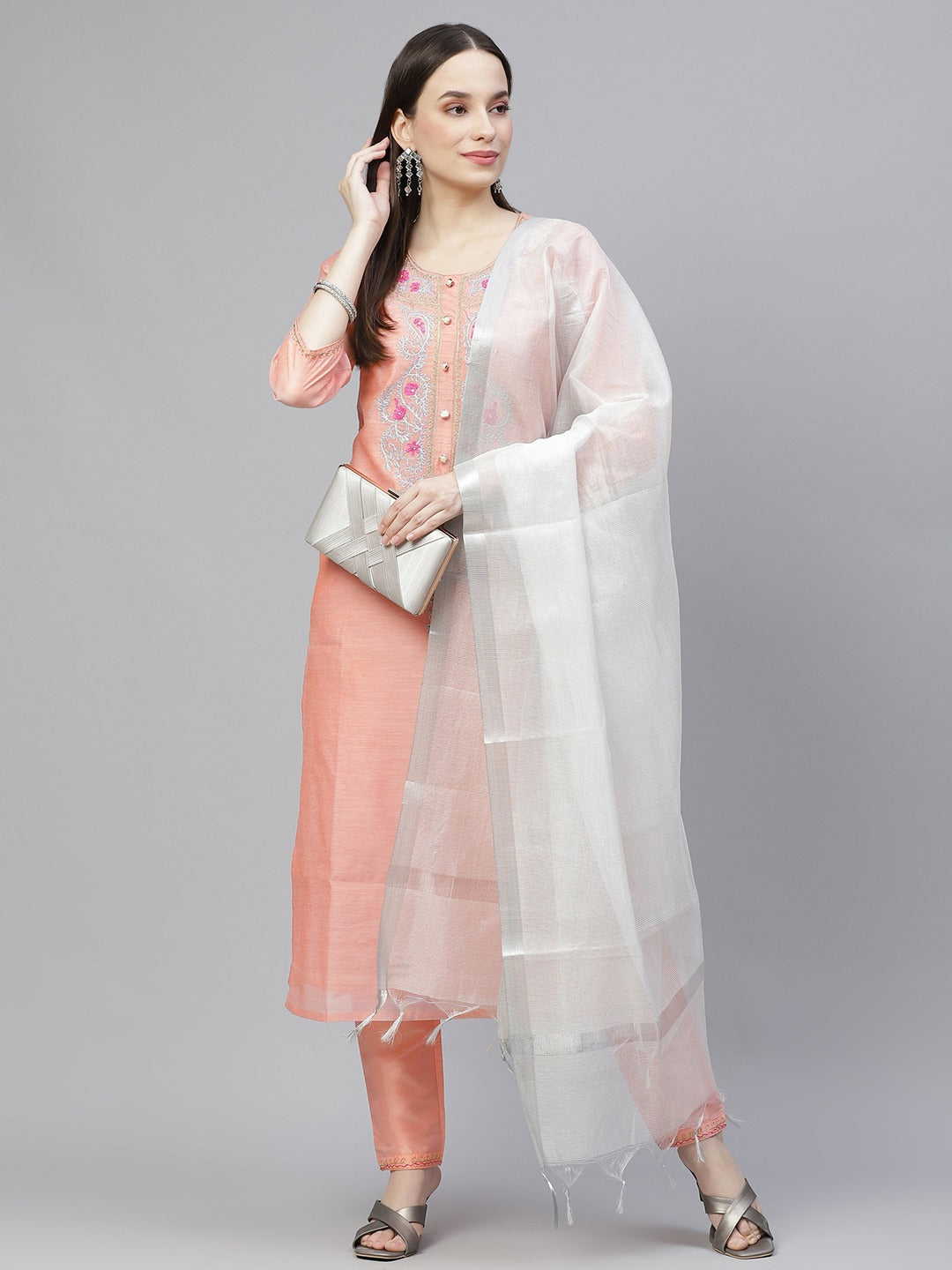 Women's Peach-Coloured & Silver Yoke Design Kurta With Trousers & Dupatta - Noz2Toz