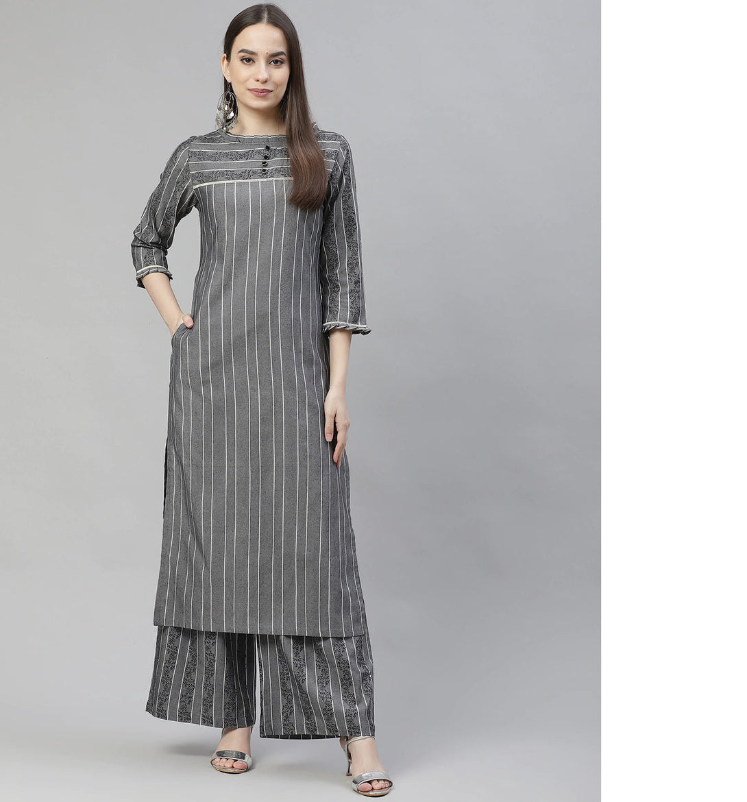 Women's Grey Printed Regular Pure Cotton Kurta With Palazzos - Noz2Toz