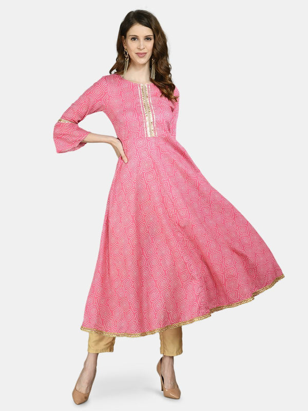 Women's Pink Cotton Printed 3/4 Sleeve Round Neck Casual Anarkali kurta - Myshka