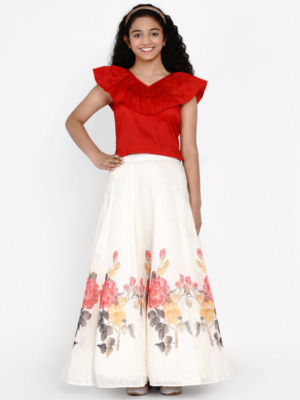 Jashvi Girls Red & White Printed Ready To Wear Lehenga & Blouse