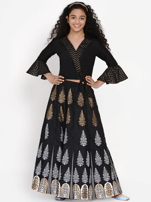 Girls Black & Gold-Toned Block Printed Ready To Wear Lehenga & Choli - Bitiya By Bhama