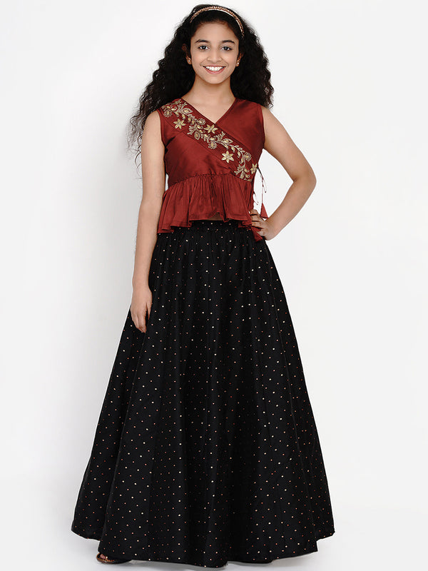 Jashvi Maroon & Black Printed Ready To Wear Lehenga With Blouse