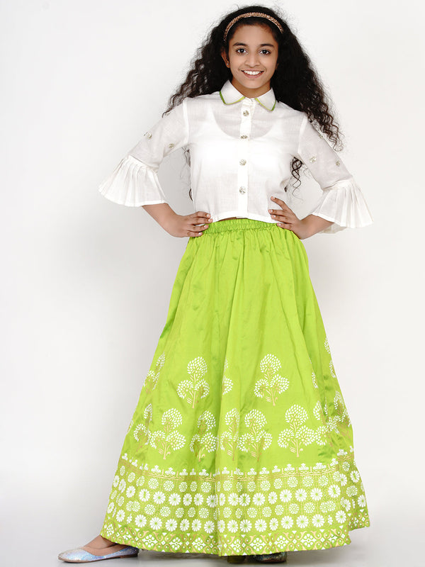 Jashvi Girls White & Green Block Print Ready to Wear Lehenga & Blouse