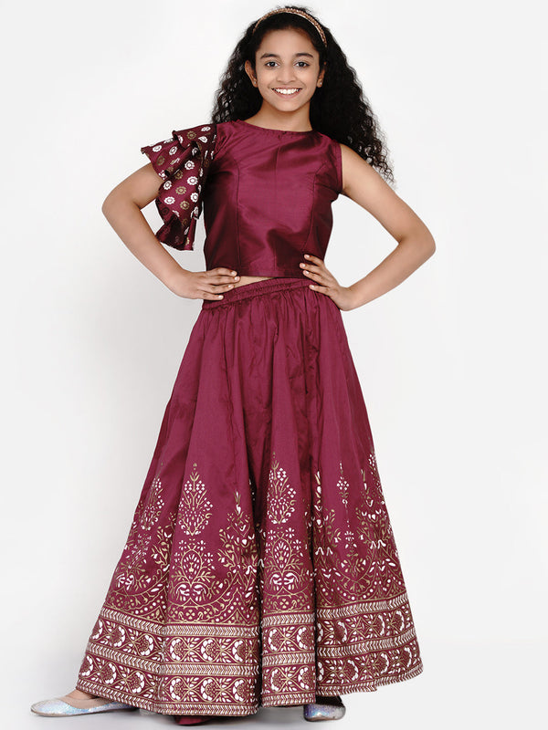 Girls Burgundy & White Ready To Wear Lehenga & Choli - Bitiya By Bhama