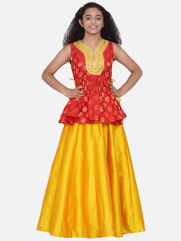 Jashvi Girls Red & Mustard Yellow Woven Design Gota Patti Ready to Wear Lehenga