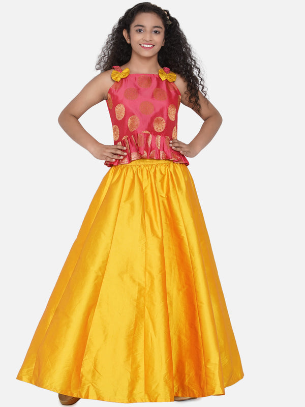 Jashvi Girls Peach & Yellow Embellished Ready to Wear Lehenga Choli