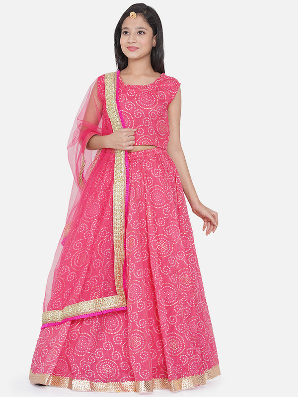 Jashvi Girls Pink & White Printed Ready To Wear Lehenga & Blouse With Dupatta