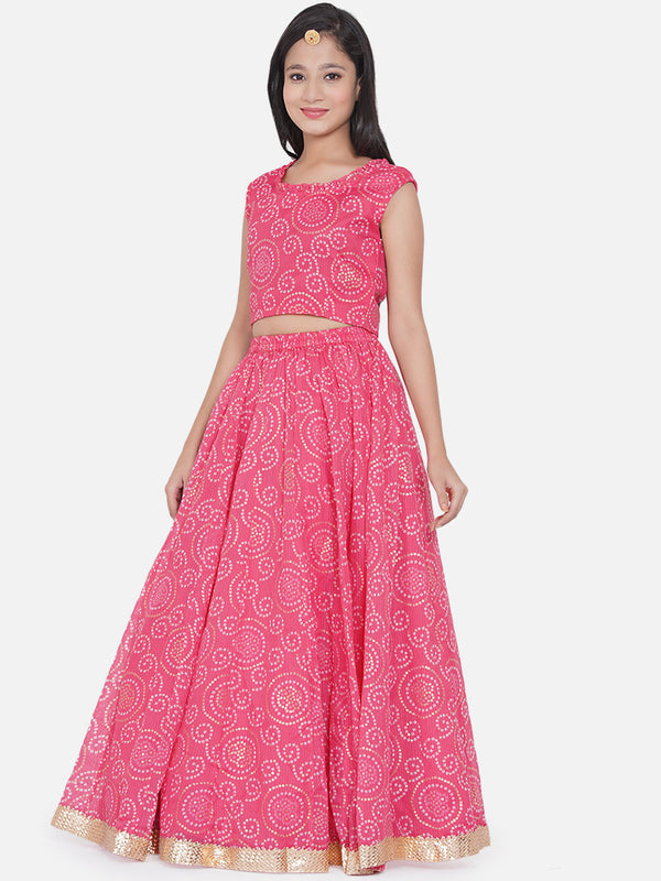 Girls Pink & White Printed Ready To Wear Lehenga & Blouse With Dupatta - Bitiya By Bhama