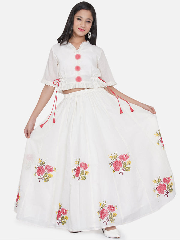 Girls White & Green Embroidered Choli Ready To Wear Lehenga - Bitiya By Bhama