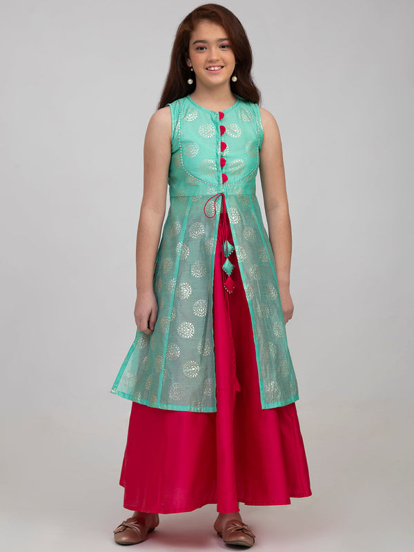 Jashvi Girls Sea Green & Pink Printed Foil Print Ready To Wear Lehenga Choli