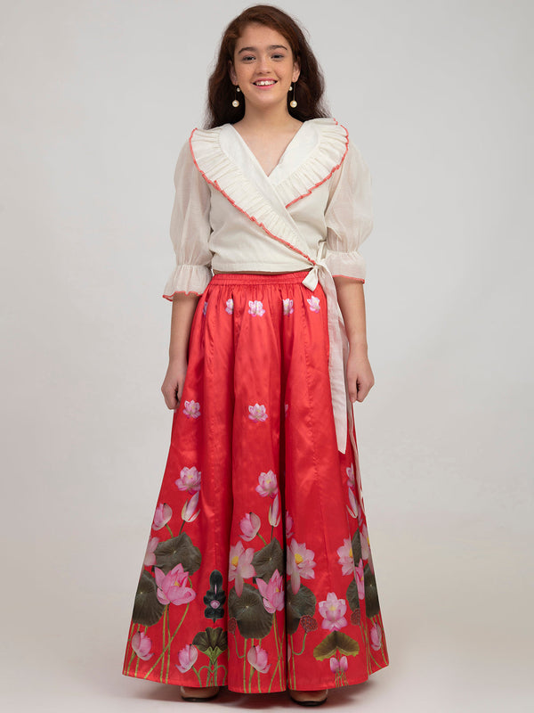 Girls Off White And Red Flora Printed Lehenga Choli - Bitiya By Bhama