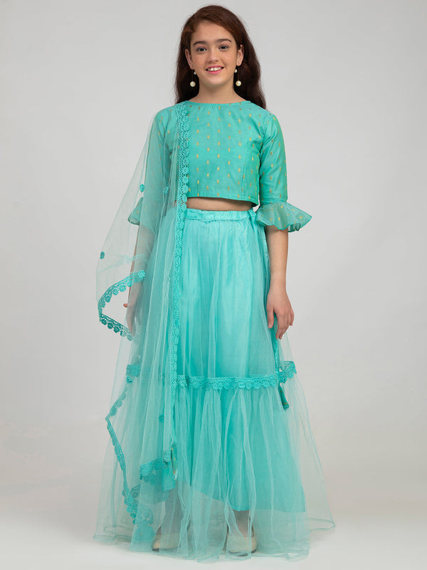 Girls Sea Green & Gold-Toned Printed Ready To Wear Lehenga & Blouse With Dupatta - Bitiya By Bhama