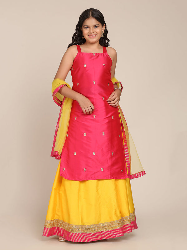 Jashvi Girls Pink & Yellow Embroidered Ready To Wear Lehenga & Blouse With Dupatta