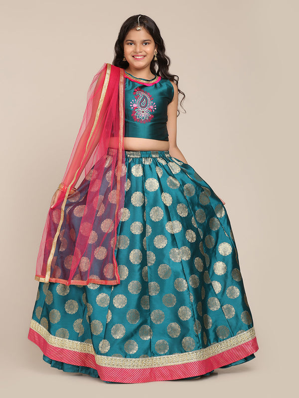 Girls Pink & Yellow Embroidered Ready To Wear Lehenga & Blouse With Dupatta - Bitiya By Bhama