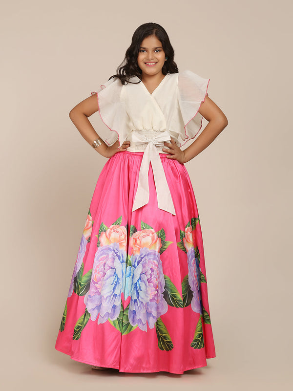 Jashvi  Girls Off White & Pink Ready to Wear Digital Print Lehenga Choli