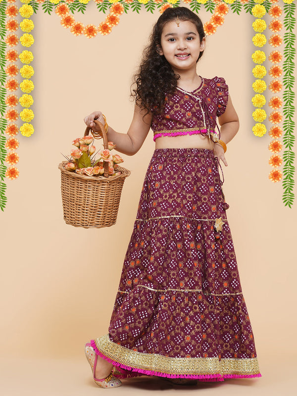 Girls Maroon & White Printed Block Print Ready To Wear Lehenga & Choli - Bitiya By Bhama